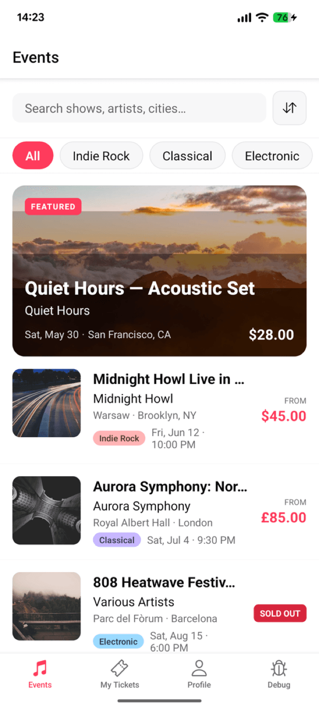FrontRow events screen